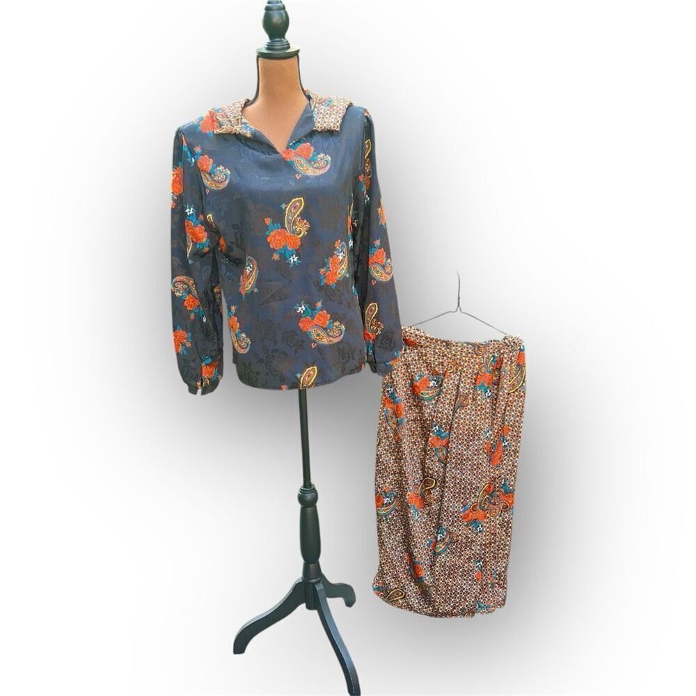 Vintage Set Jacket Blouse & Matching Skirt Paisley Floral Outfit Women’s 12